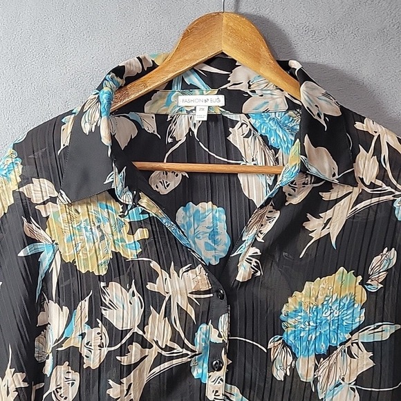 FASHION BUG WOMEN'S BLOUSE 2X FLORAL BLUE Black WHITE 3/4 SLEEVES XXL - Picture 2 of 8